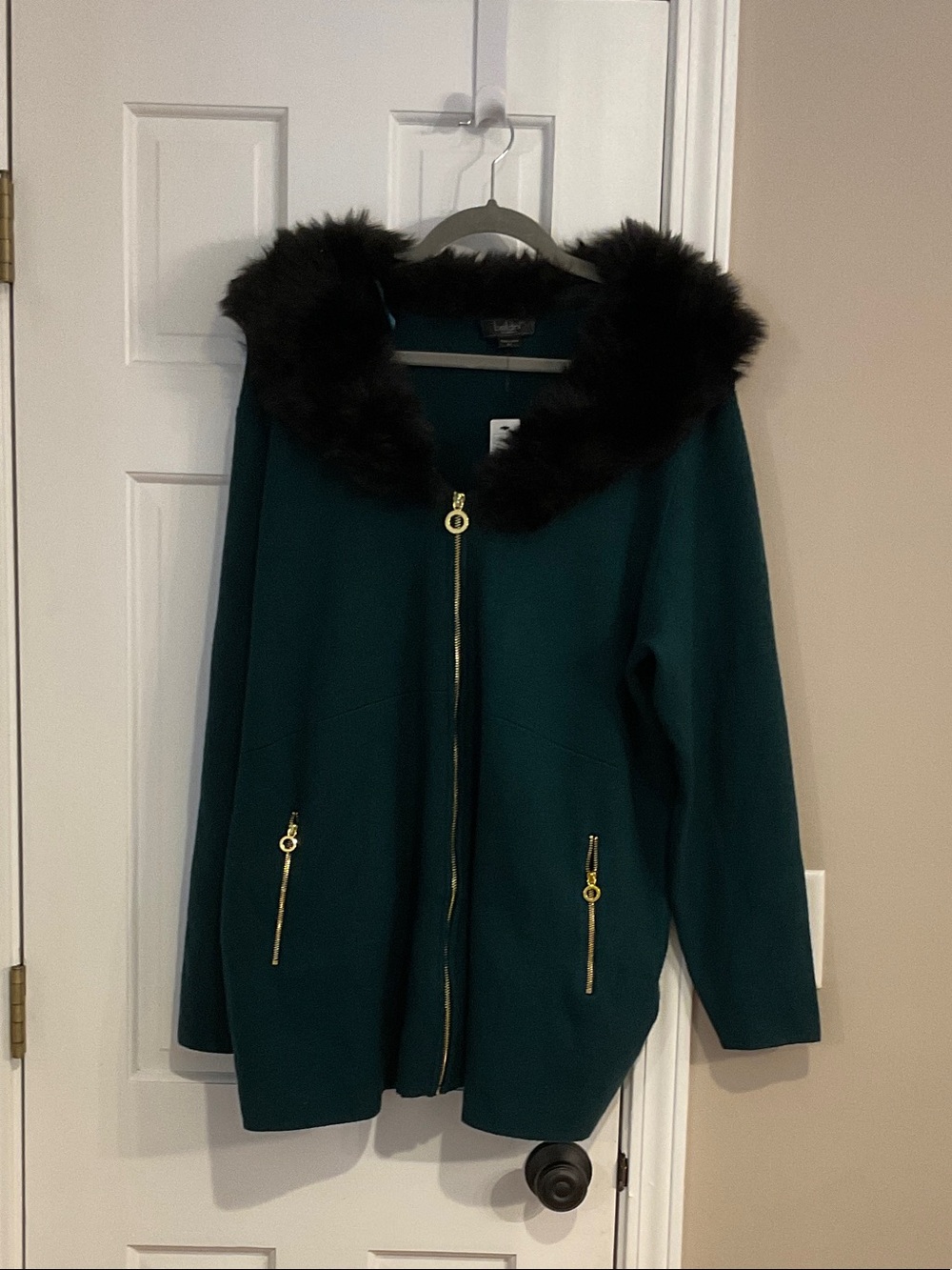 Belldini Teal Trench Coat with Black Faux Fur Hood
